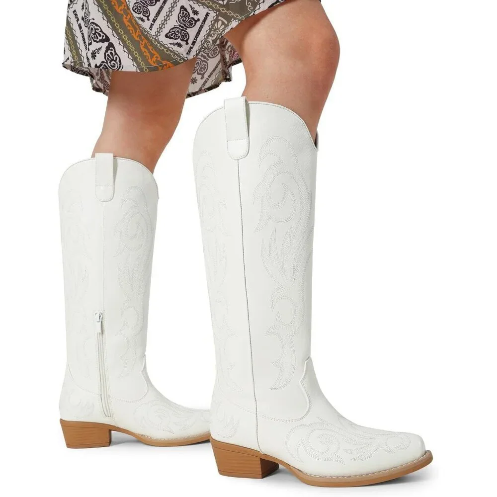 Women Faux Leather White Knee High Chunky Heel Side Zipper Embroidered Boot